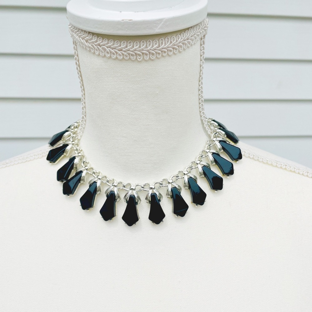 Brighton Statement Necklace Geometric Fringe Black Silver Tone Bib Choker Goth
